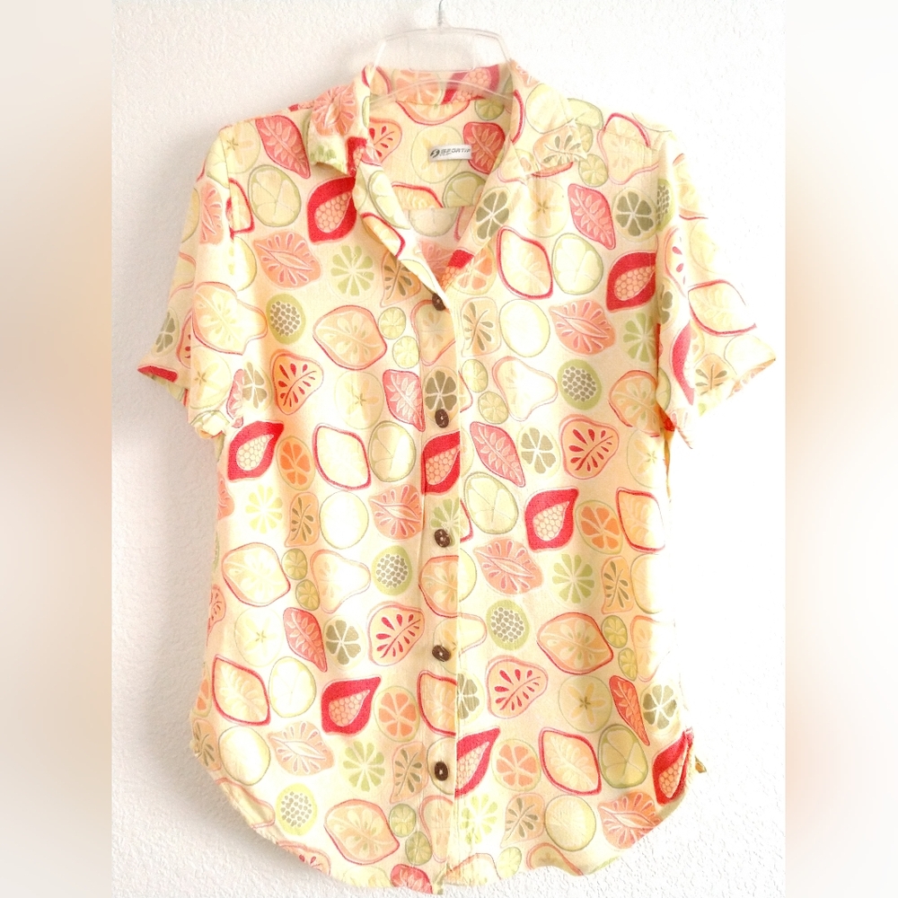 FLAW Vintage Sportif Fruit Print Shirt Short Sleeve Size Small Chest 32"